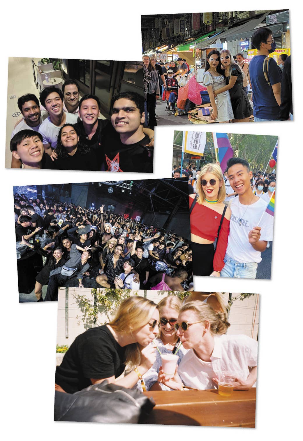 A collage of photos showing people doing things that are currently impossible in the United States: a packed club, sharing a drink, and hugging