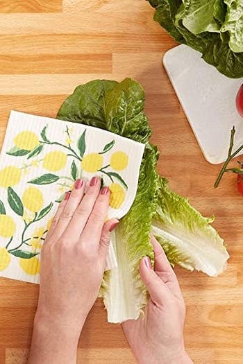 a model's hand wiping down a head of lettuce with a Swedish Dishcloth printed with lemons 