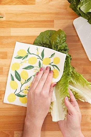 a model's hand wiping down a head of lettuce with a Swedish Dishcloth printed with lemons 