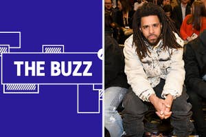 Splitscreen of purple graphic with THE BUZZ in white letters on the right side and a photo of J. Cole on the left side (CREDIT: GETTY)