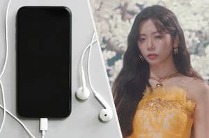 An iphone with headphones next to an image of jiu from dreamcatcher