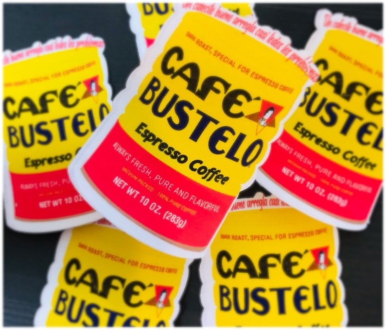 a stack of Café Bustelo stickers 