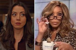 Side-by-side of Valerio from "Elite," Riley from "Happiest Season," and Wendy Williams dunking a tea bag into a mug