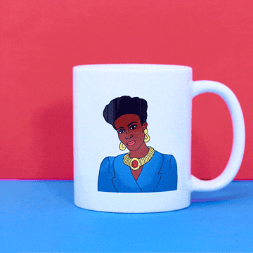 Gif of the aunt viv mug switching back and forth to show each side so that we can see that it has both aunt vivs on the mug from the fresh prince of be-lair