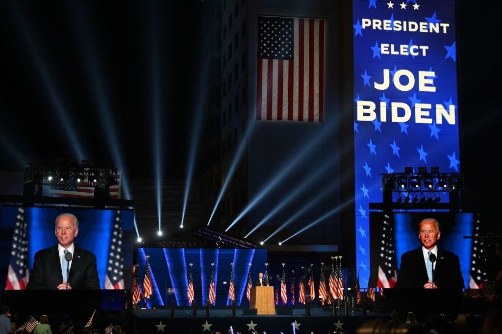 Joe Biden on stage giving a speech in Wilmington, Delaware, on November 7, 2020, after being declared the winner of the presidential election