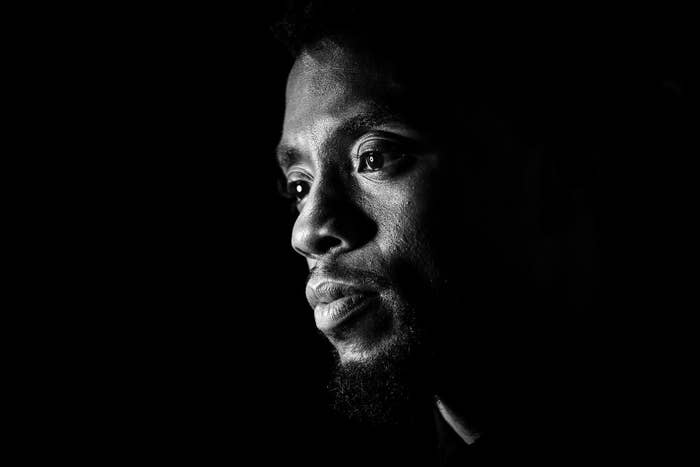 Black and white close up shot of Chadwick Boseman