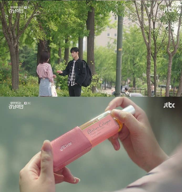 collage of two scenes: Kyung-seok handing Mi-rae the perfume on top, Mirae holding the perfume on bottom 