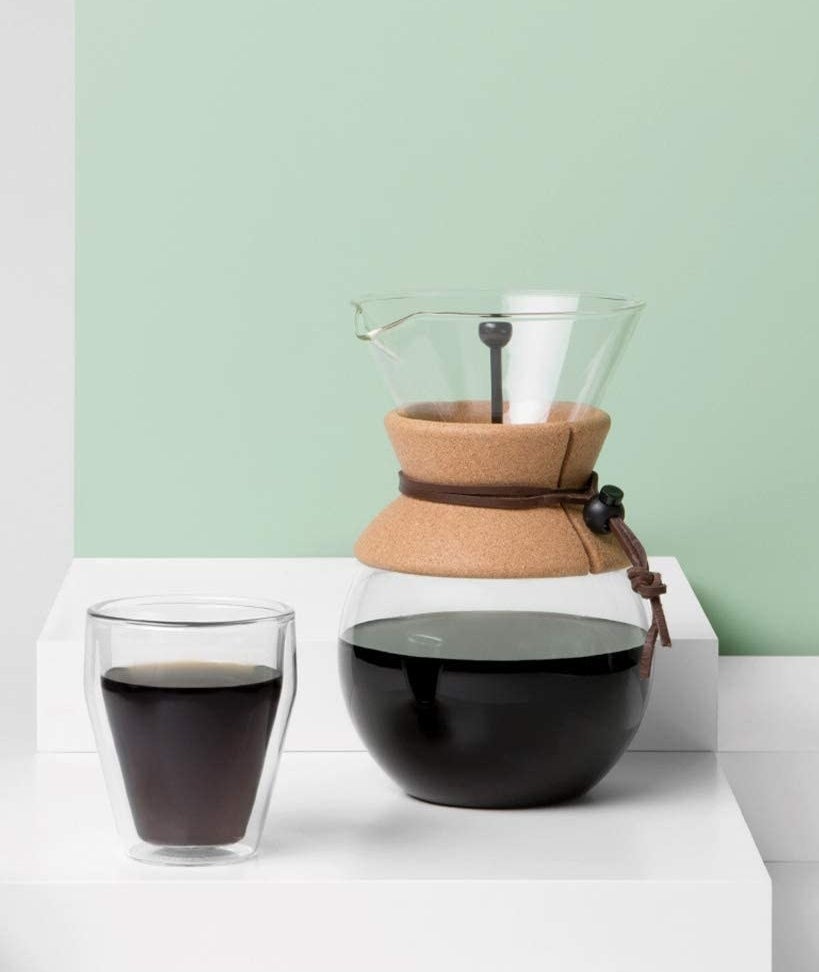 Pour-over coffee maker filled with coffee