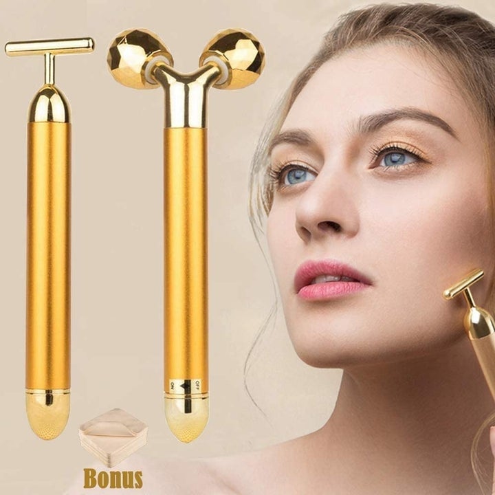 Product shot two gold-plated facial massager next to model using one