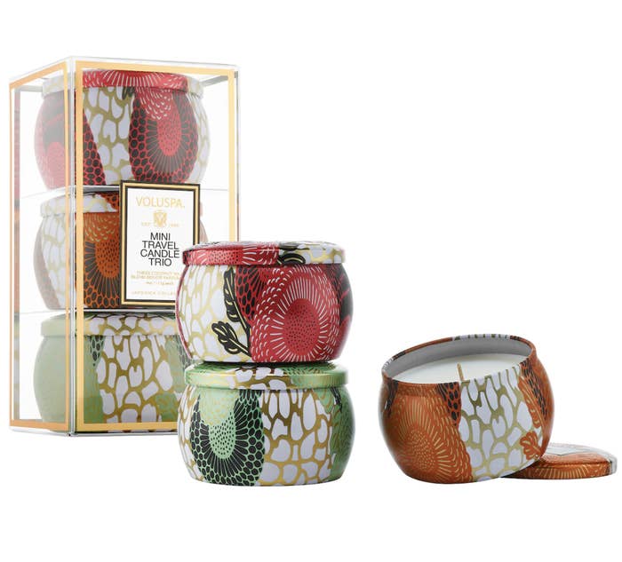 Voluspa gift set with three mini tin candles in various colors