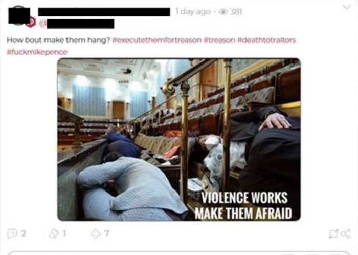 A screenshot of a Parler post included in Amazon&#x27;s letter to Parler, which says, &quot;How bout let them hang&quot; with a meme of the lawmakers hiding from the rioters and captioned &quot;Violence works, make them afraid&quot; 