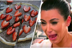 A strawberry and chocolate dessert pizza is on the left with Kim Kardashian screaming on the right