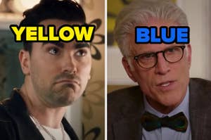 David from "Schitt's Creek" is labeled "YELLOW" with Michael from "The Good Place" labeled, "BLUE"