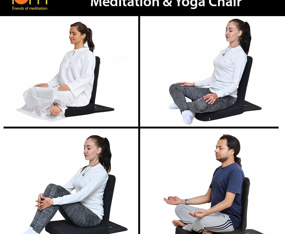 Various people sitting in different yoga poses on the chair.