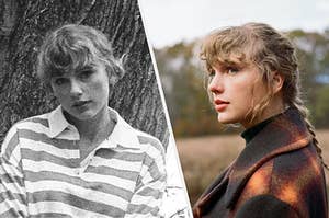 Taylor posing by a tree for folklore and taylor in a field posing for evermore