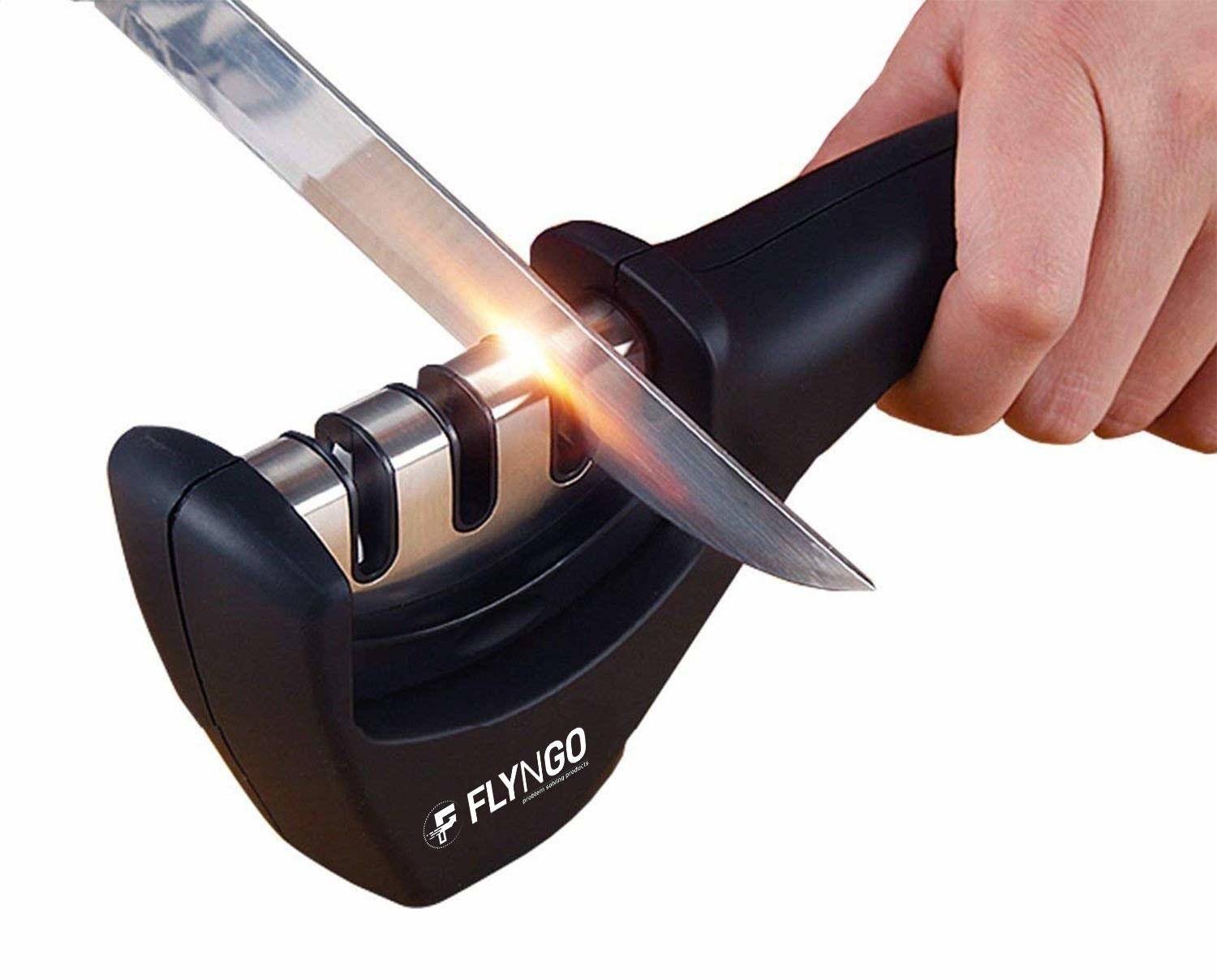 A person sharpening a knife using a sharpener