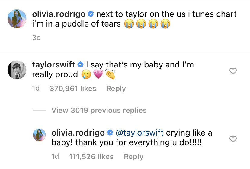 Taylor Swift responding saying, &quot;I say that&#x27;s my baby and I&#x27;m really proud&quot; and Olivia replying, &quot;Crying like a baby! Thank you for everything you do&quot;