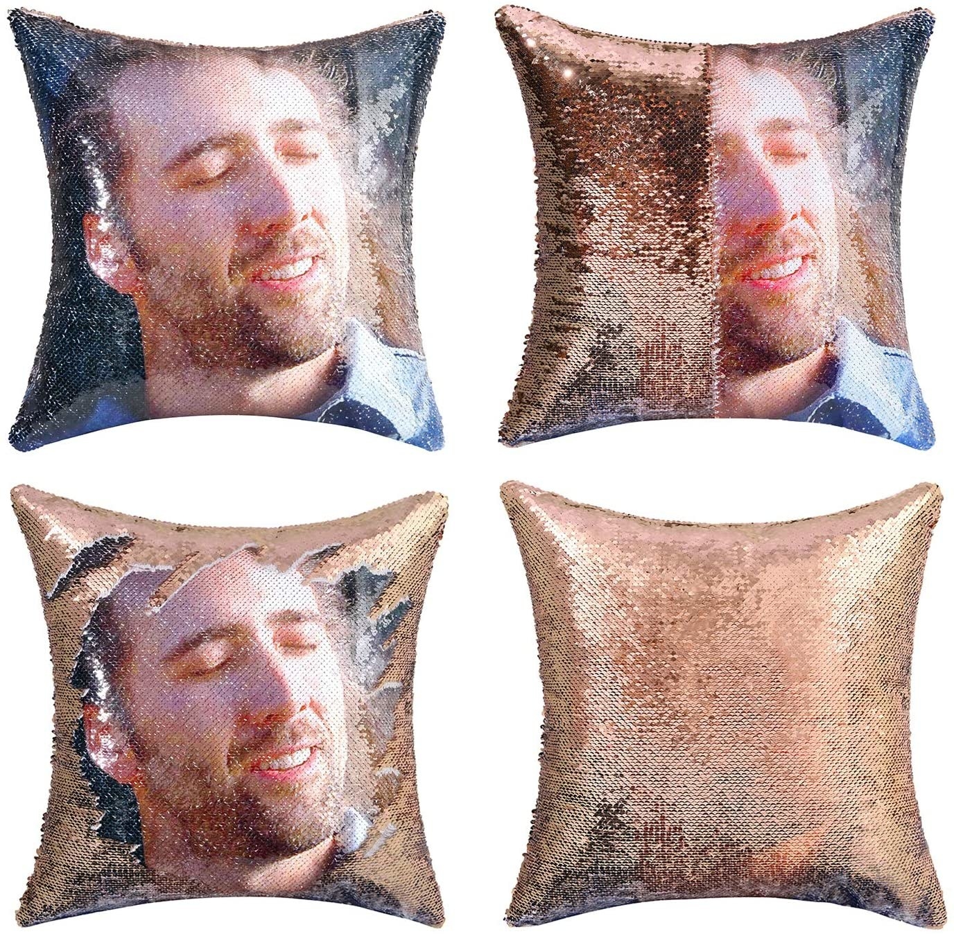 gold sequin pillow cover that when is stroked reveals a pic of Nic Cage in Conair