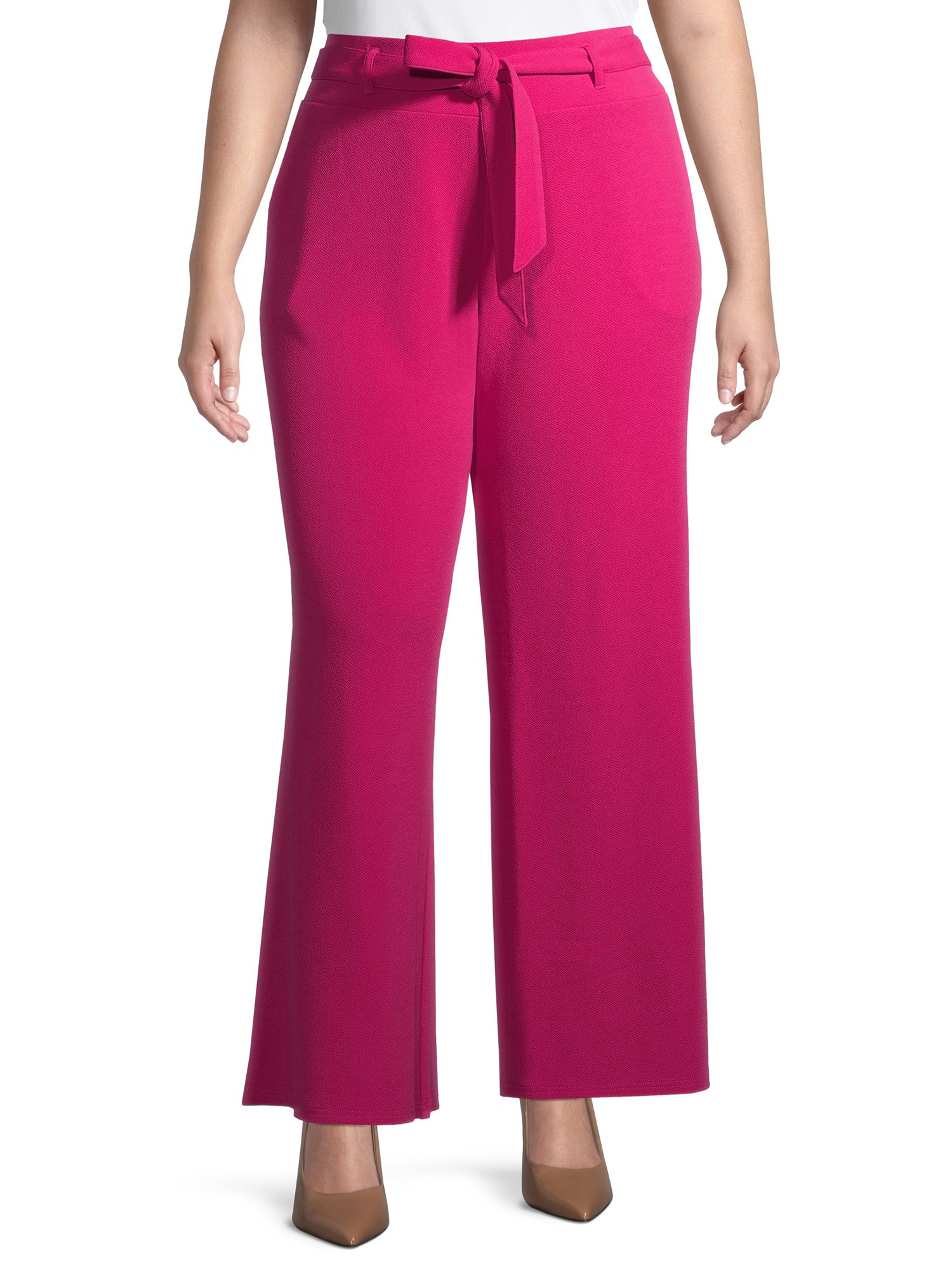 Model wearing bright pink wide-legged pants