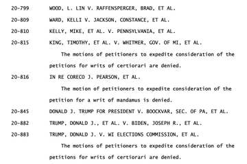 Text of US Supreme Court orders denying motions to expedite election challenges filed by Trump and his supporters