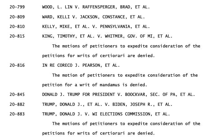 Text of US Supreme Court orders denying motions to expedite election challenges filed by Trump and his supporters