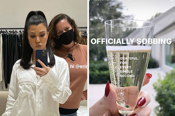Kourtney posing for a mirror selfie next to a picture of some champagne with the caption "Officially sobbing"