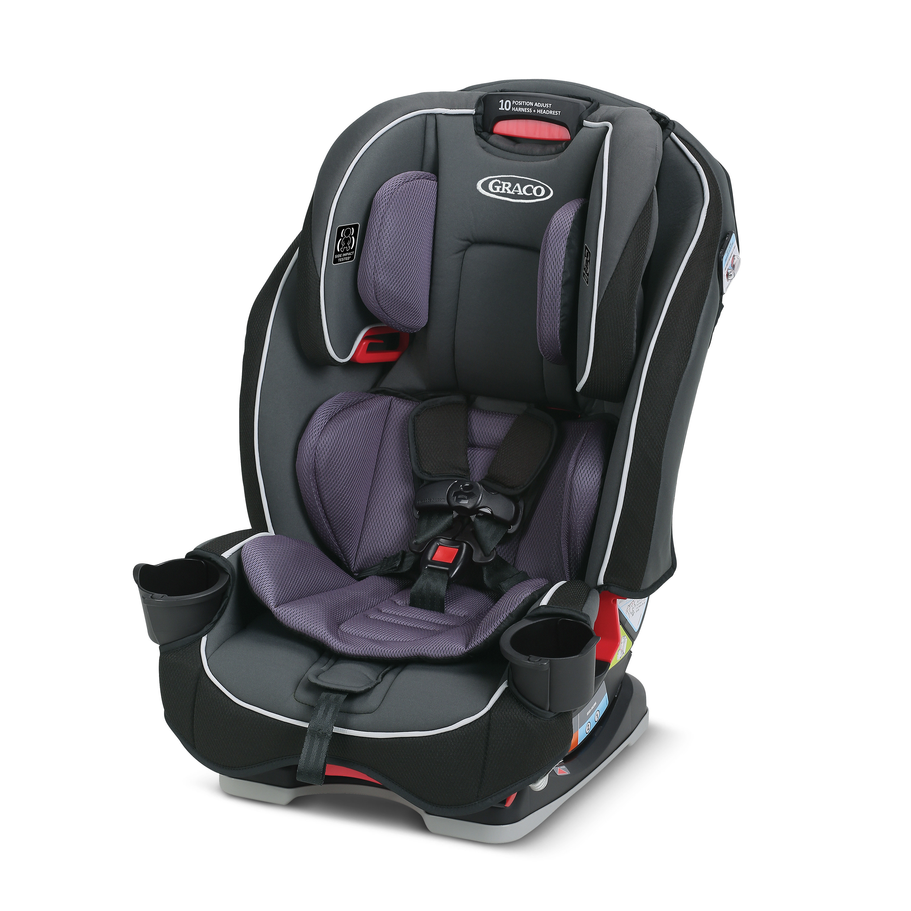 The black and purple car seat.