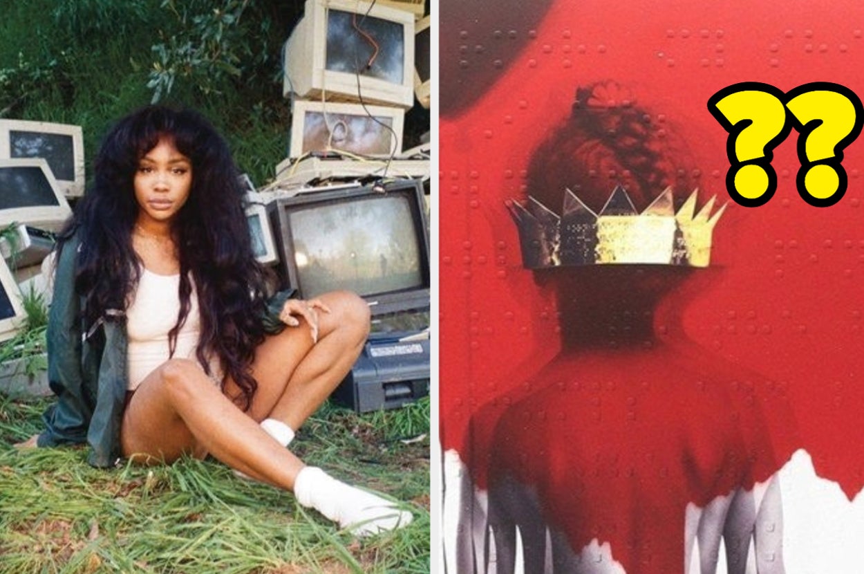 Sza is on the left surrounded by broken computers with a Rihanna album cover labeled, "??" on the right