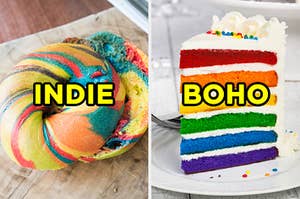 On the left, a bagel labeled "indie," and on the right, a slice of 6-layer cake labeled "boho"
