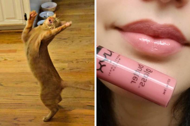 On the left, a cat making a silly face and jumping while playing with a toy. On the right, a reviewer wearing NYX butter gloss