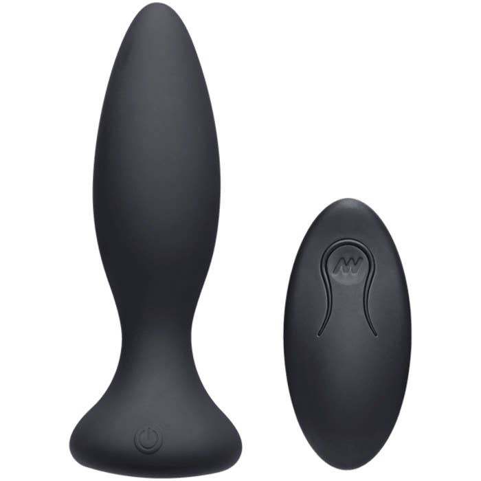 The black vibrator with a narrower tip and a matching remote