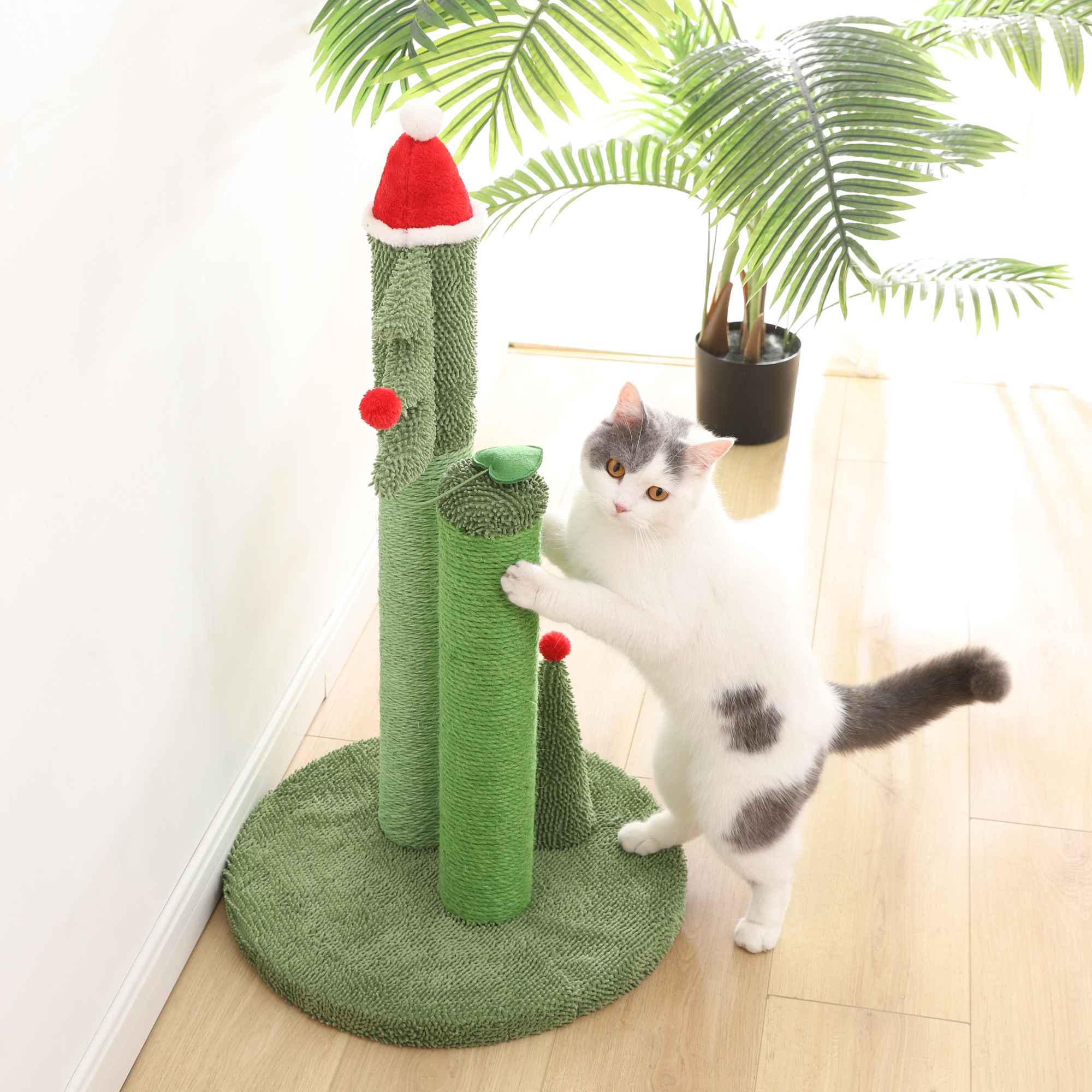 A cat playing with the green cat tree