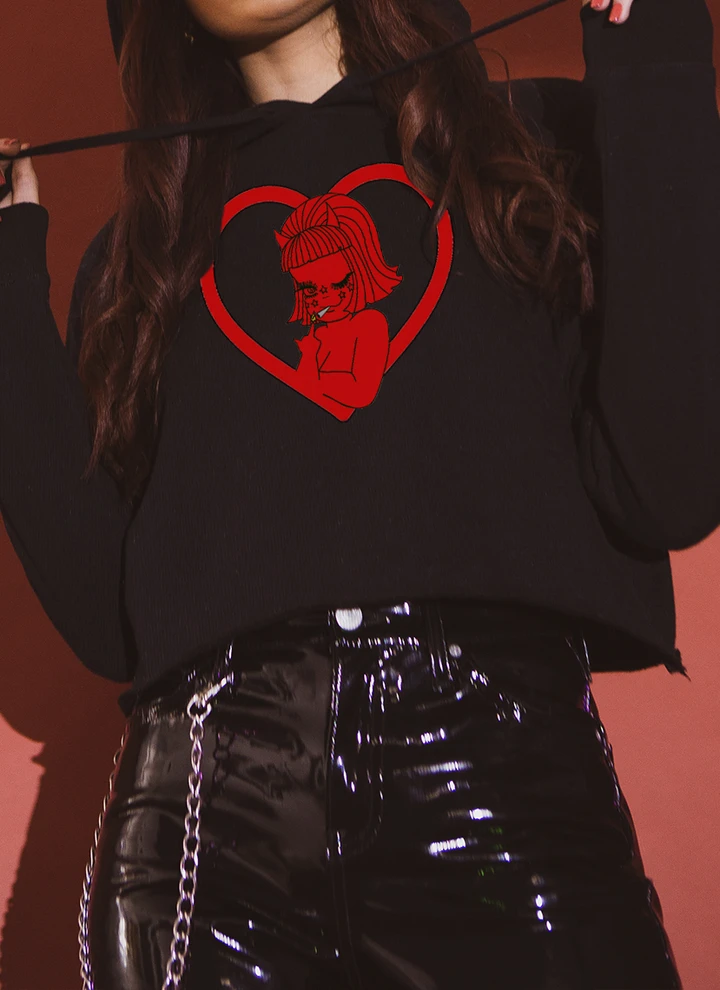 cropped hoodie with devil winking inside a heart design 