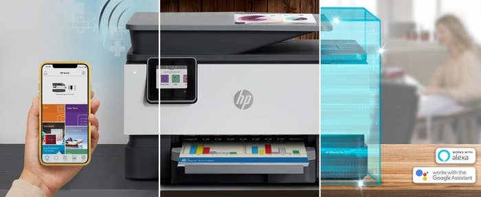 Graphic of phone connected to printer, the printer printing, and an illustration of the inside of the printer showing that it connects with Amazon Alexa