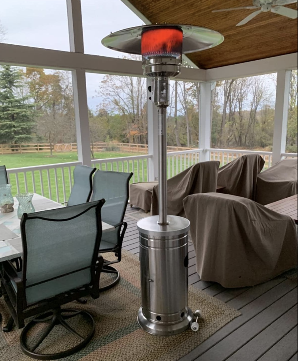 A metal standing heat lamp on a reviewer&#x27;s porch 