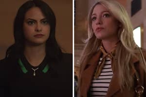 Veronica from "Riverdale" is on the left looking concerned with Serena from "Gossip Girl" on the right