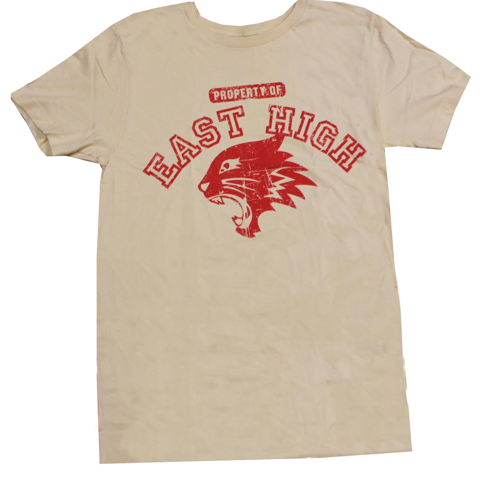 the tan tee with a the red east high logo