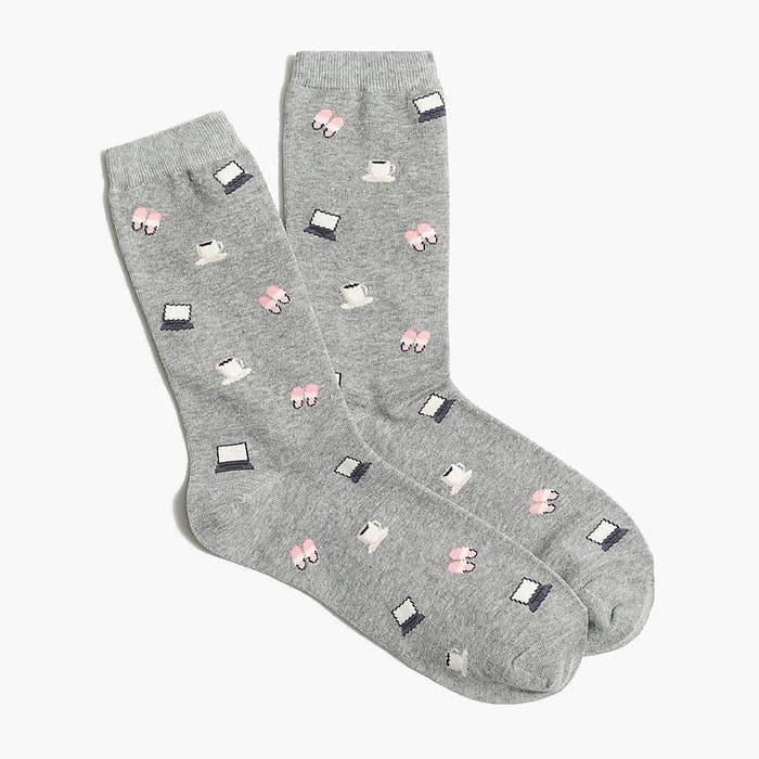the gray socks printed with icons