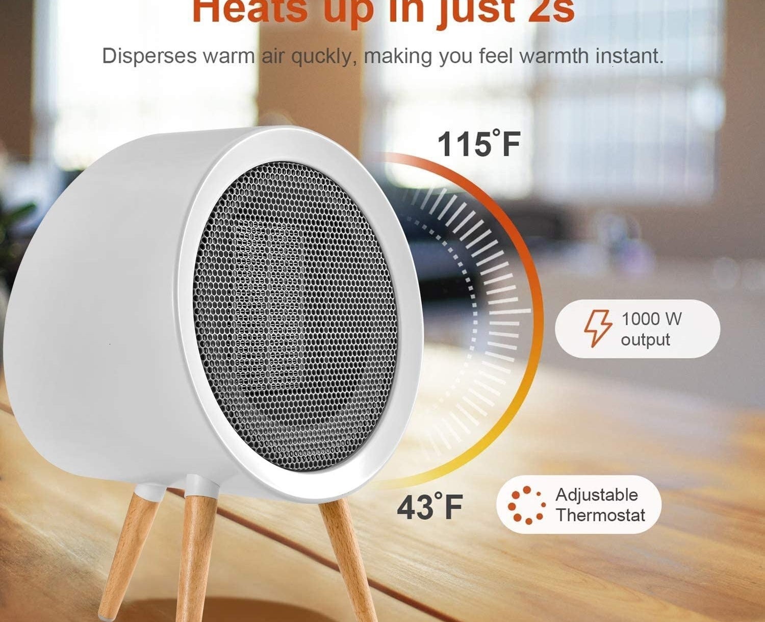 The space heater with a graphic showing the adjustable thermostat