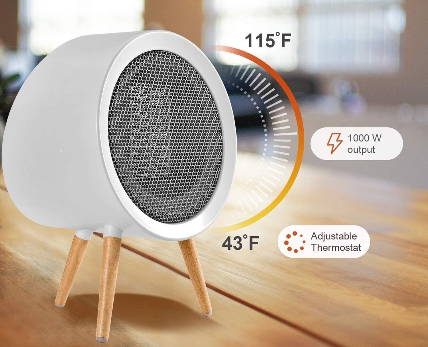 The space heater with a graphic showing the adjustable thermostat