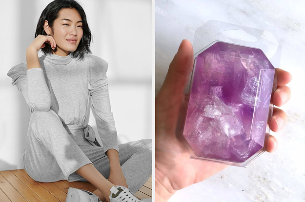 (left) Puff-sleeve grey jumpsuit (right) Purple iridescent gem soap