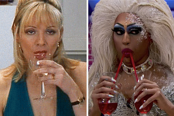 Drag queen and Samantha Jones drinking alcoholic beverages 