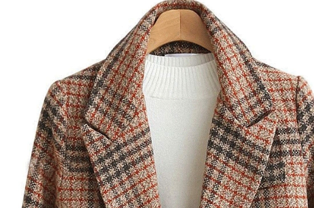 A close up the plaid coat