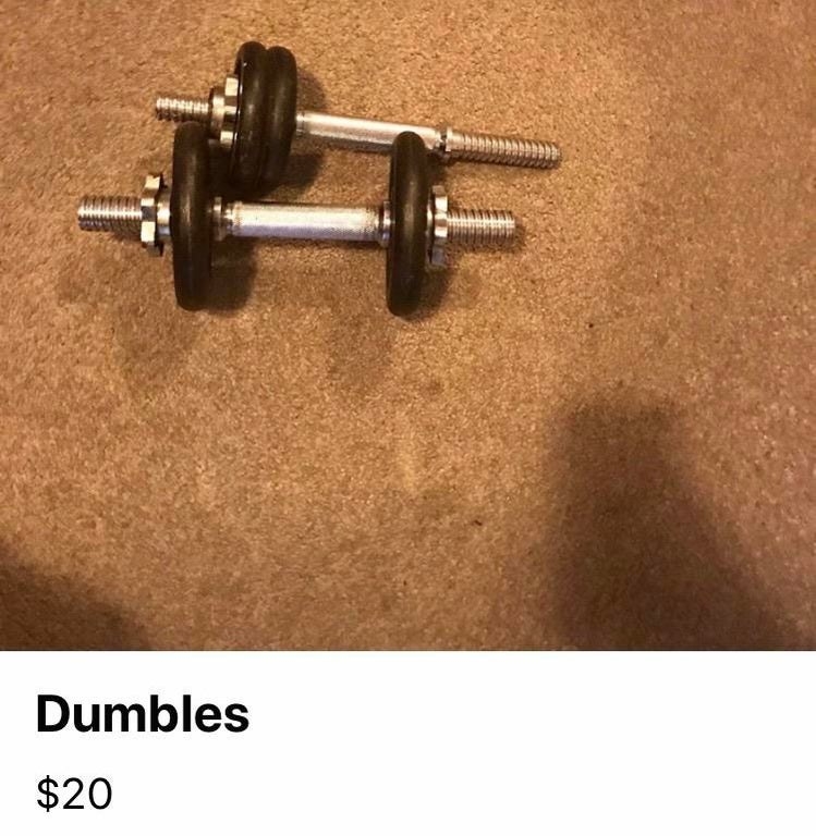 facebook sale of dumbbells that reads dumbles