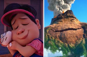 on the left the mom from the pixar short "bao" and on the right the volcano from the pixar short "lava"