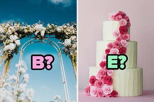 "B?" over an arch and "E?" over a wedding cake