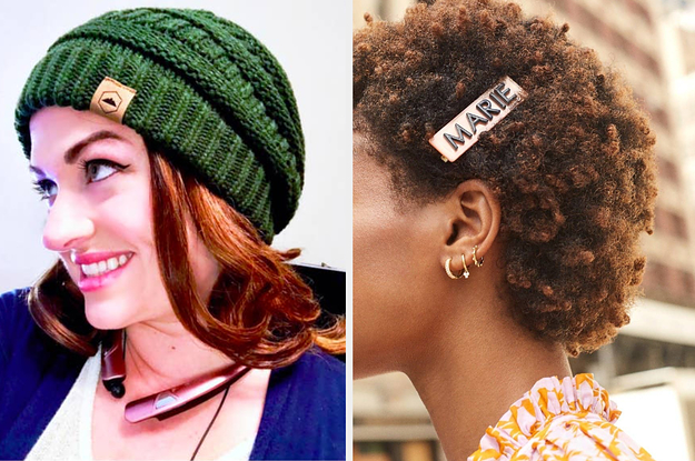 On the left, a reviewer in a green beanie. On the right, a model wearing a custom hair clip