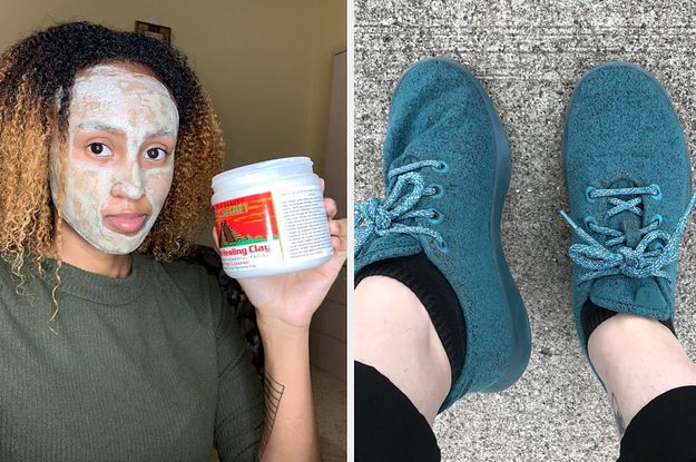 on the left a reviewer in a clay face mask, on the right the writer in teal allbirds sneakers