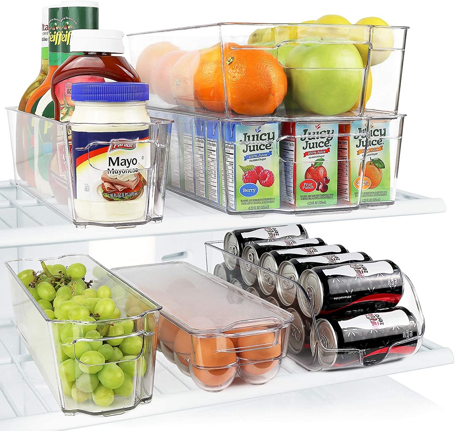 larger clear bins holding juice boxes and fruit; narrower bins holding condiments and grapes; egg bin, and soda bin