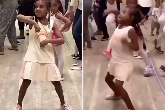 Blue Ivy dances with lots of fist-pumps among other young dancers